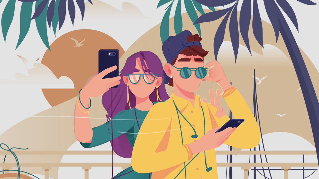 Illustration representing everyday people using mobile technology to explore side hustles, local services, and new income opportunities.